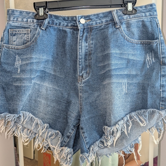 Pants - High-Waist Frayed Hem Denim Shorts - Blue